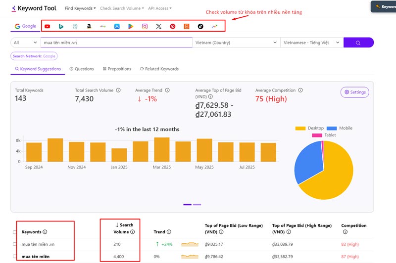 Cách sử dụng Keywordtool.io để check Search Volume từ khóa
