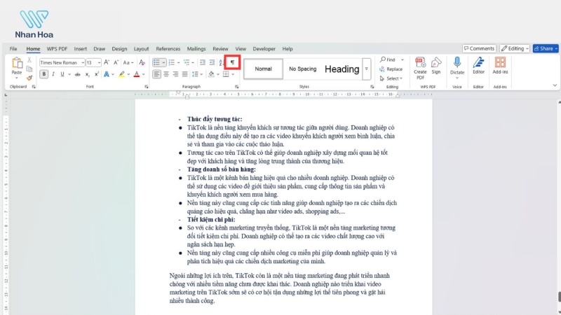 Cách ẩn dòng Paragraph thừa bằng Ctrl + D > Hidden