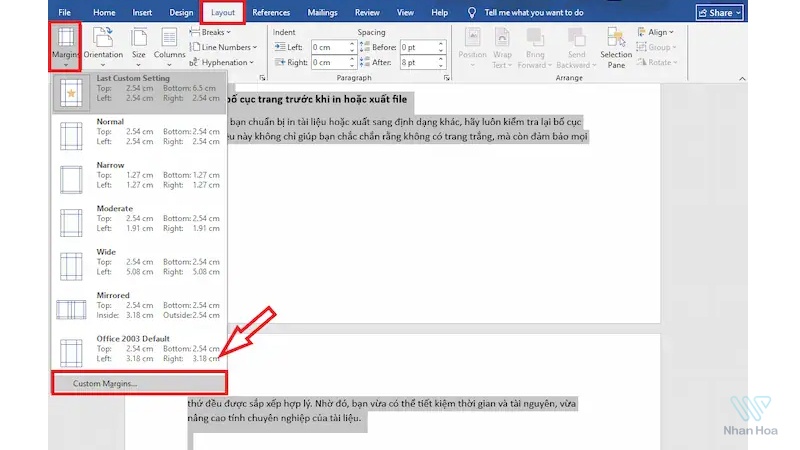Điều chỉnh Custom Margins