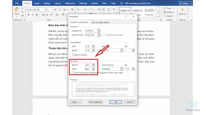 Giảm Spacing Before/After về 0pt