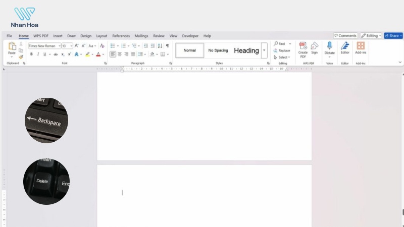 Xóa trang trắng cơ bản bằng phím Delete và Backspace
