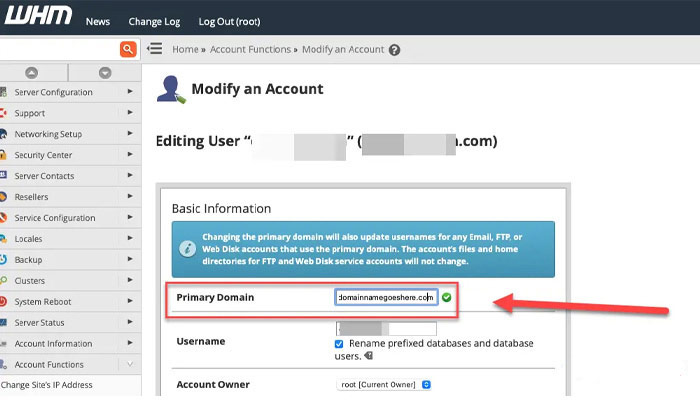 Đổi tên miền chính trong cpanel qua WHM