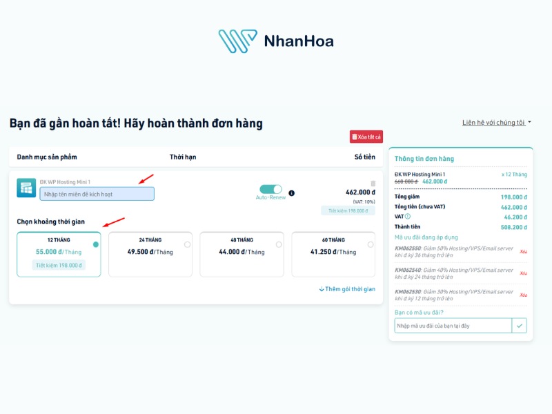 Nhấn chọn thời gian và nhập tên miền website cần sử dụng hosting.