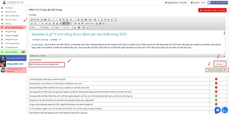 Kiểm tra trùng lặp nội dung bằng Spineditor