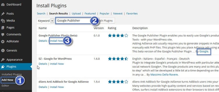 Plugin Gooogle Publisher hiện thị ở mục plugin trên website wordpress