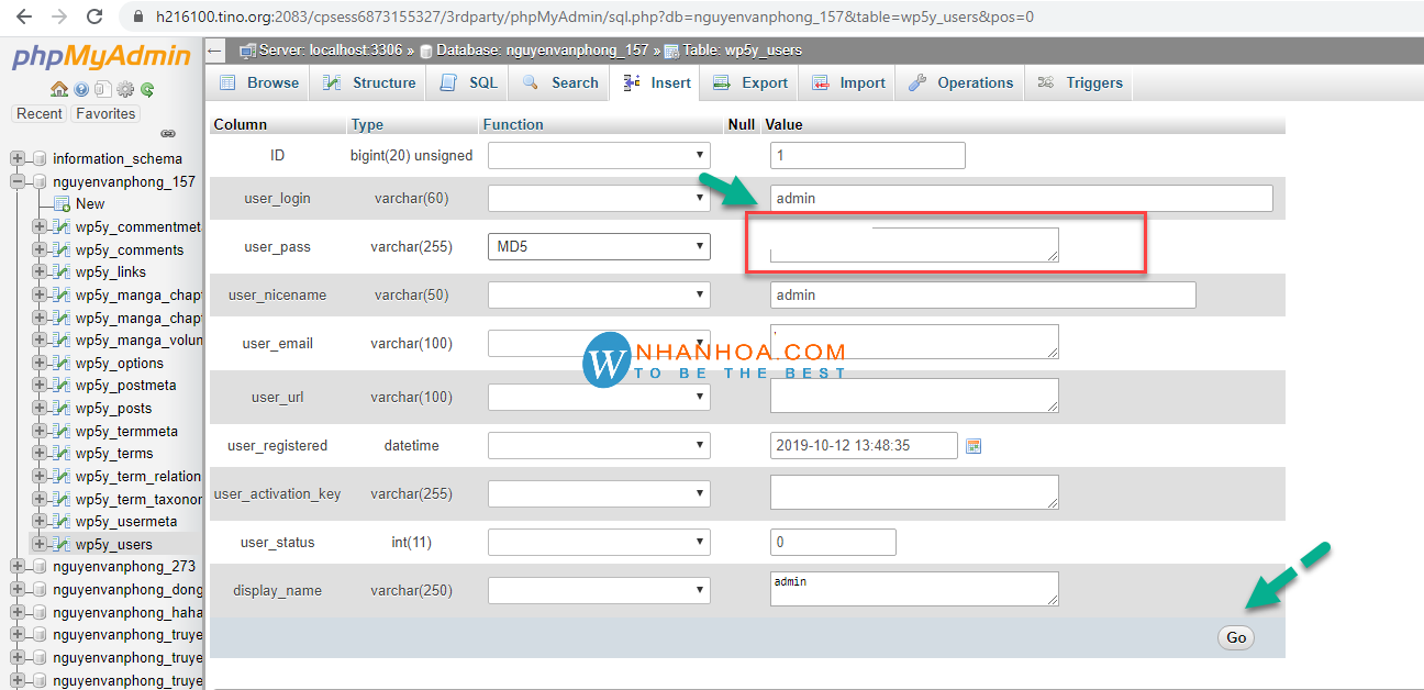 wordpress reset password from database